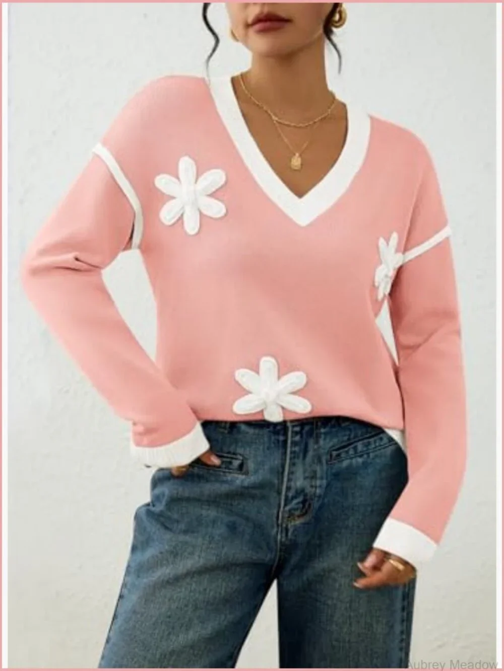 Women's Oversized V-Neck Pullover Sweater Floral Knit Long Sleeve Tops - Picture 6 of 7